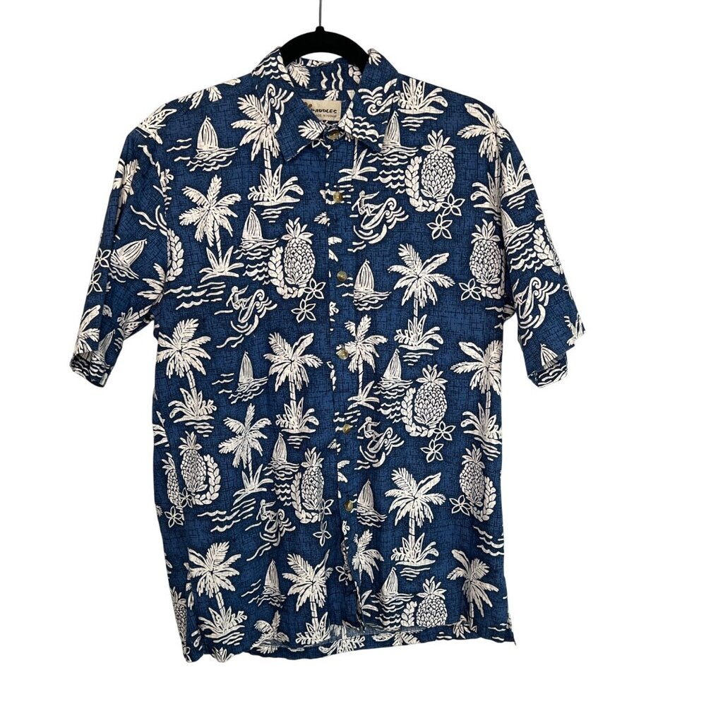 Two Paddles Hawaiian Shirt Sz Med Blue White Tropical Pineapple Short Sleeve
